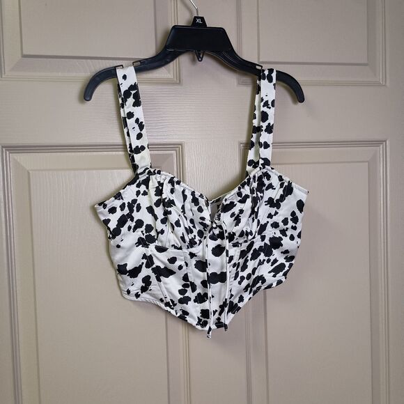 Cotton Candy LA Crop Top Size Small Cow Print Tie Front Zipper Back Ribbed - Picture 1 of 5